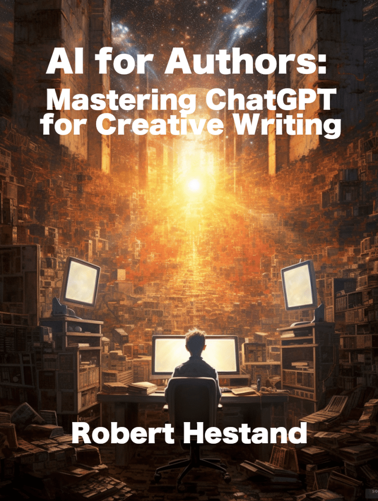 AI for Authors cover art, showing a boy at a computer surrounded by a golden library of books.